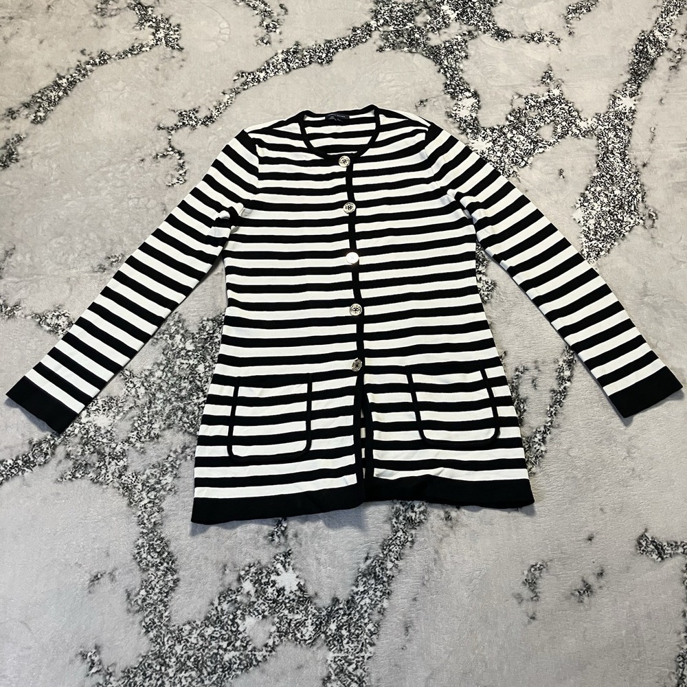 Tommy Hilfiger Cardigan Womens‎ Size Medium Black Ivory Knit Silver Tone Buttons
